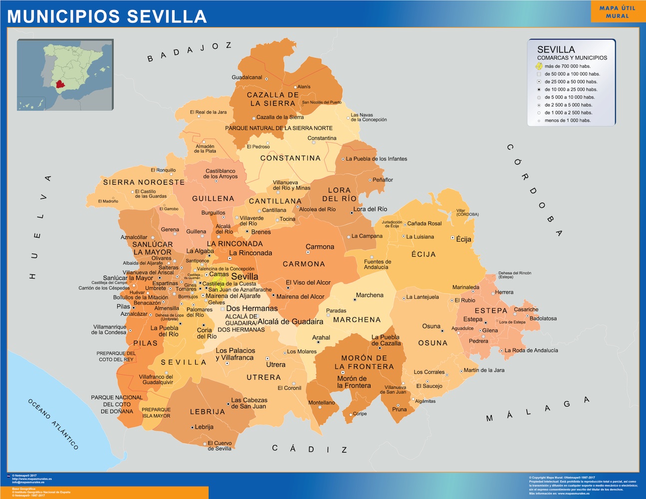 Kommuner Sevilla karta från Spanien | Väggkartor